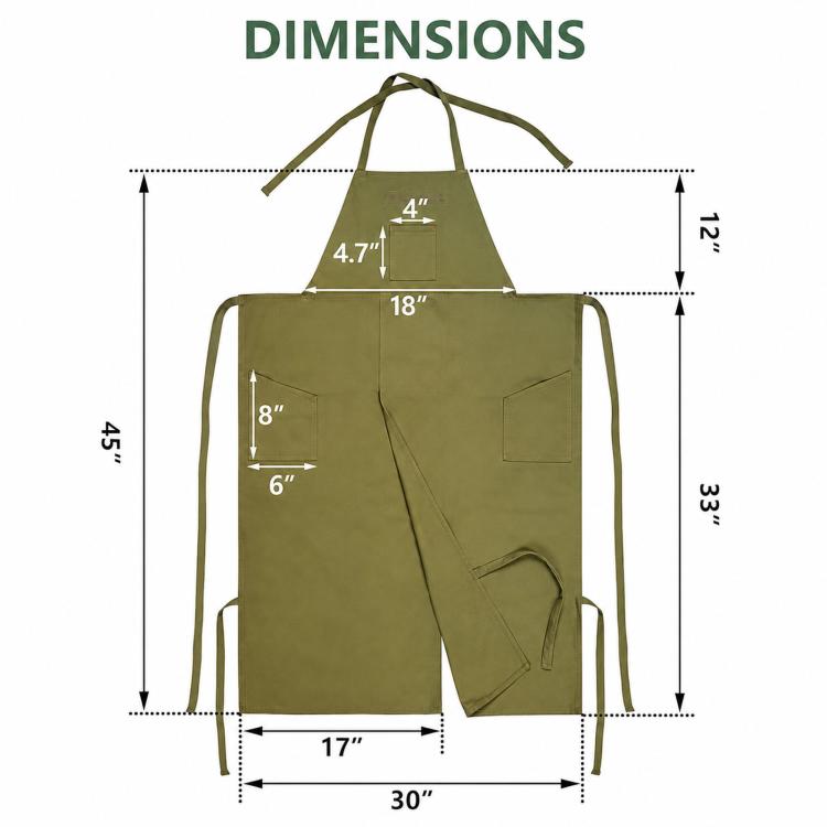 Green split-leg apron size diagram showing overall length and width