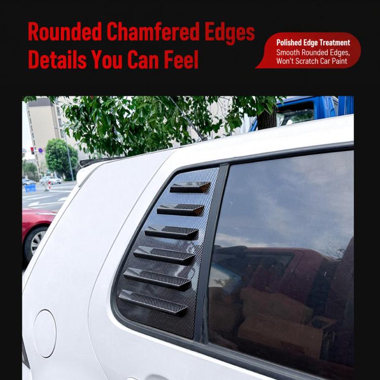 Installed triangular louver window decal with dark vent slats on car side window