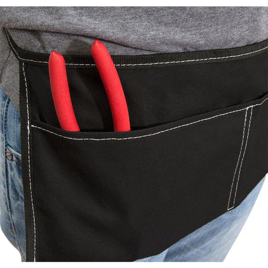 Black waist apron with front pocket holding two red tools