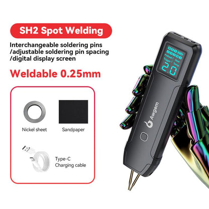 Black handheld spot welder with 1.3-inch digital screen, shown with Type-C charging cable and accessories