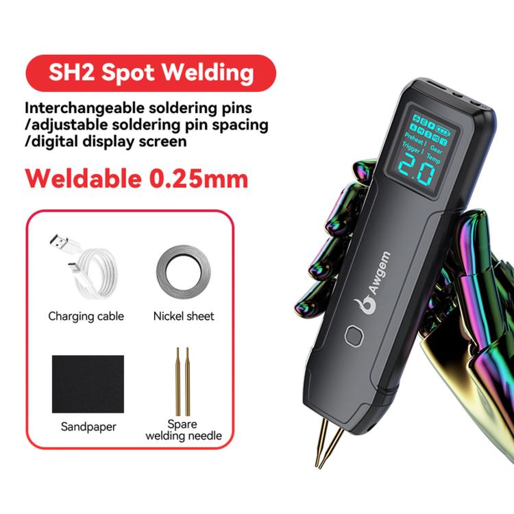 Black handheld spot welder with digital display screen, shown with charging cable, sandpaper, and spare needles