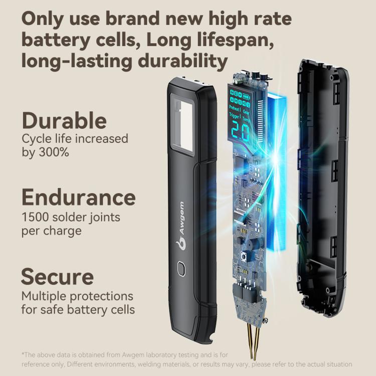 Black portable spot welder shown open and closed, with blue light inside the battery compartment
