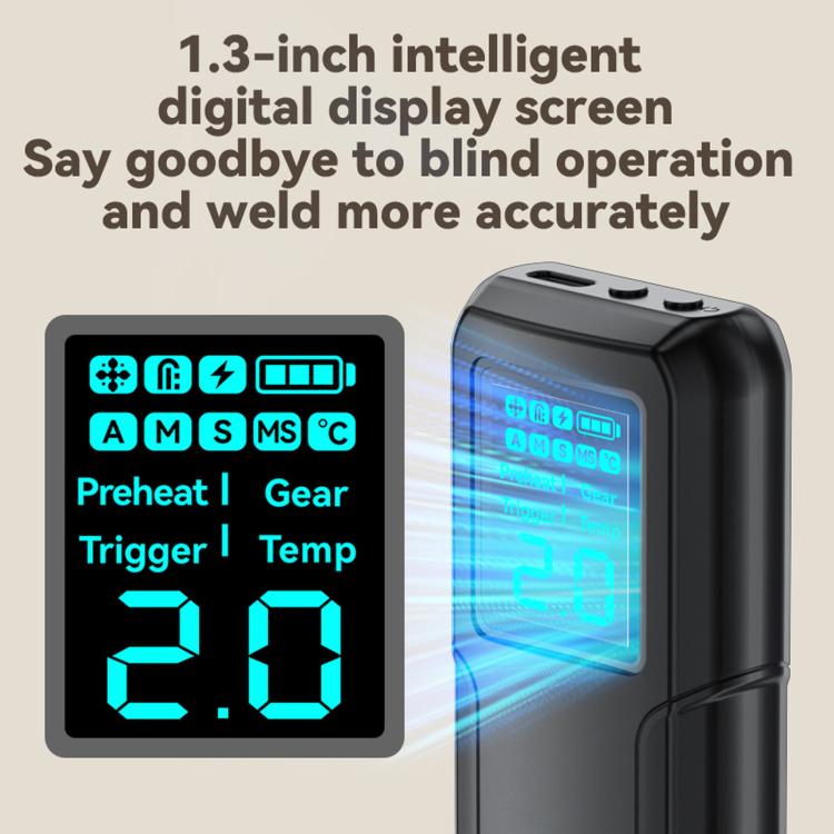 Black handheld spot welder with large digital display screen showing welding settings