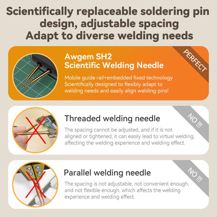 Mini spot welder with replaceable soldering pins and adjustable spacing guide