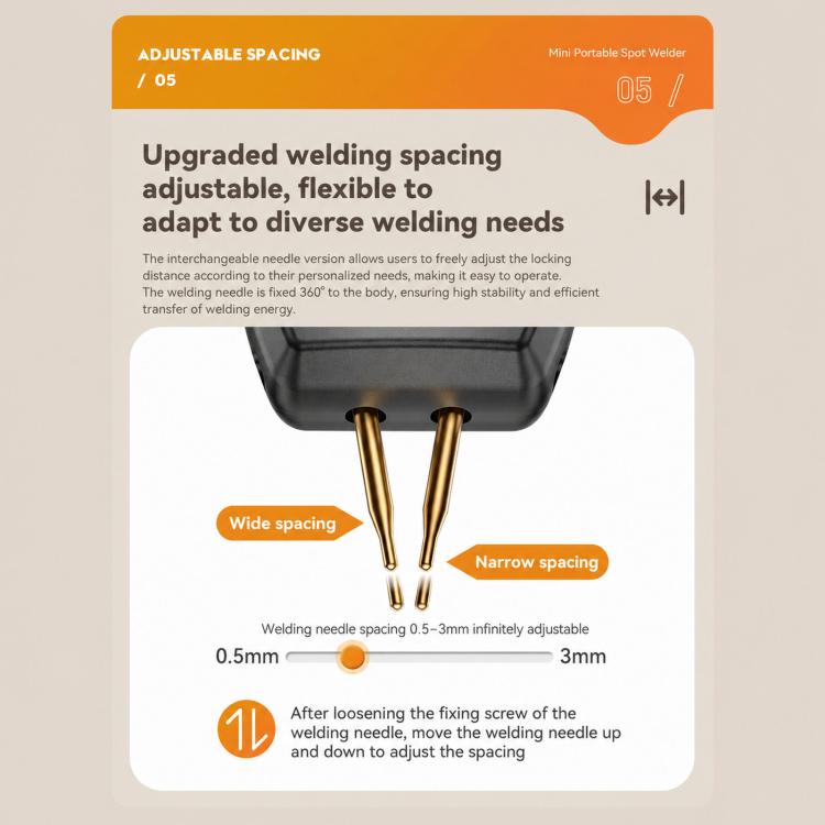 Adjustable welding needle spacing design with wide and narrow spacing labels
