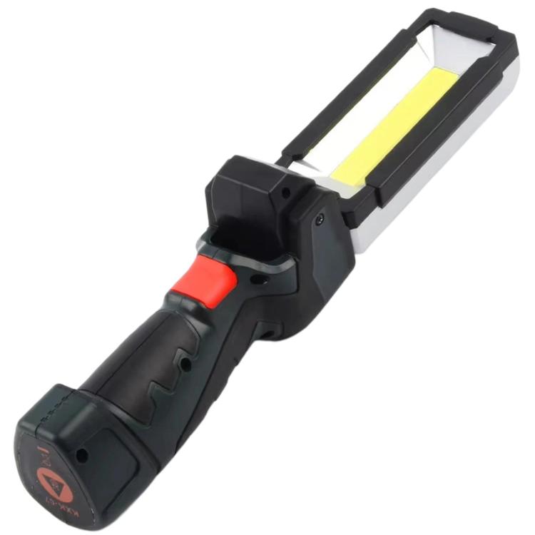 Foldable handheld work light, black body with red switch and bright COB strip.