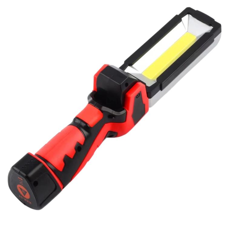 Foldable handheld work light with red and black body, bright COB light strip.