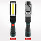 Foldable handheld work light, front and back views showing COB panel and vented base.