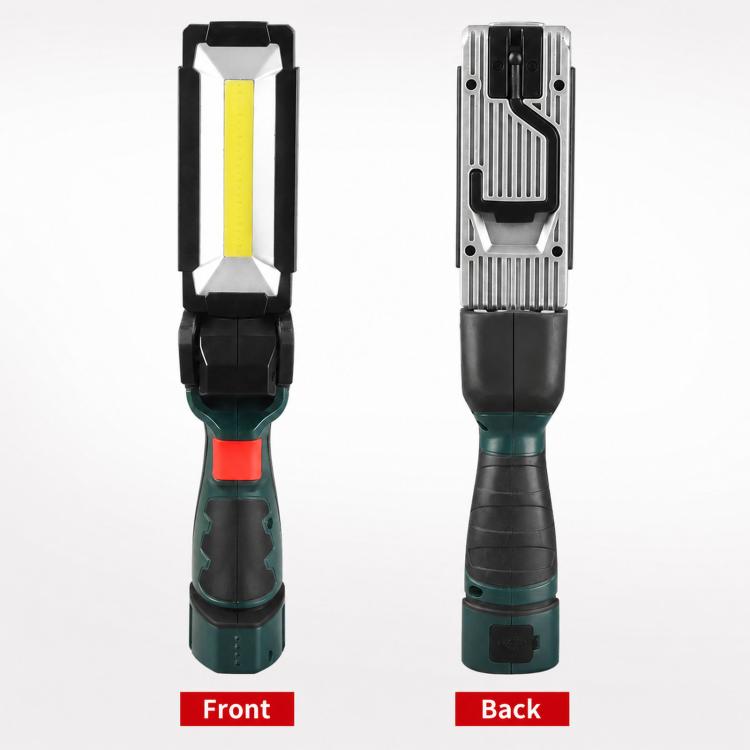 Foldable handheld work light, front and back views showing COB panel and vented base.