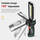 Foldable adjustable work light with angled head and foldable magnetic base.