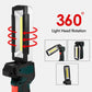 360 rotating handheld work light with tall COB strip and pivoting head.