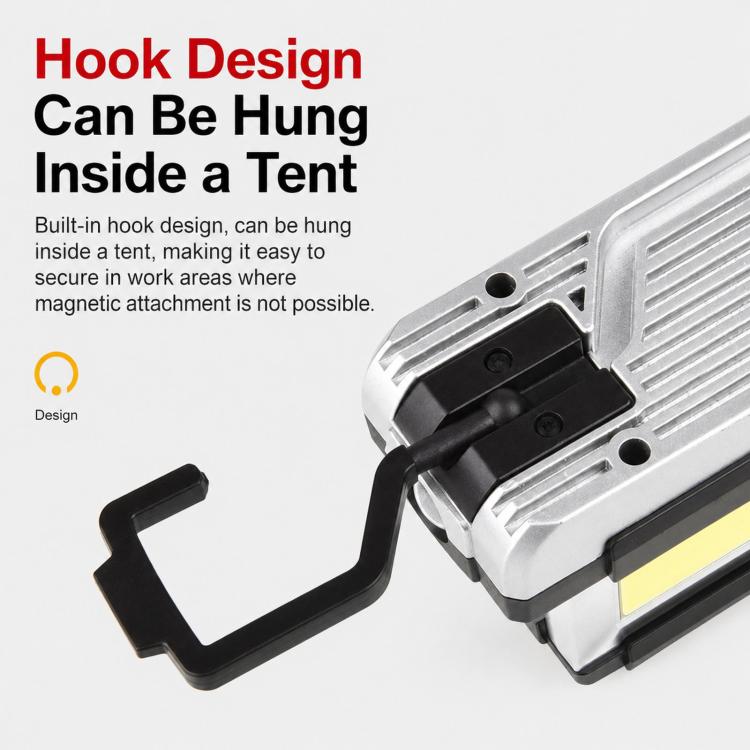Portable work light with built-in hook for hanging, silver panel and black frame.