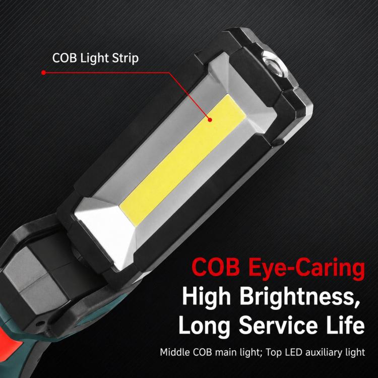 Handheld COB light strip work light with black body and teal accent band.