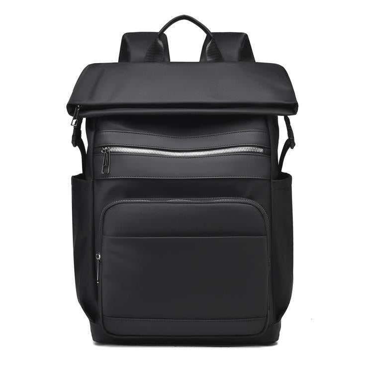 Black laptop backpack with top handle and front zip compartments