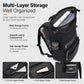 Black backpack open view with laptop sleeve and front storage pockets