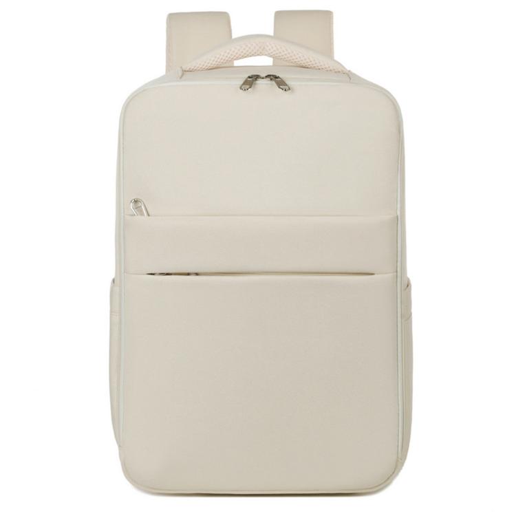 Beige travel laptop backpack with top handle and front zip compartment
