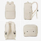 Beige travel backpack with multiple views, shoulder straps, and front pocket