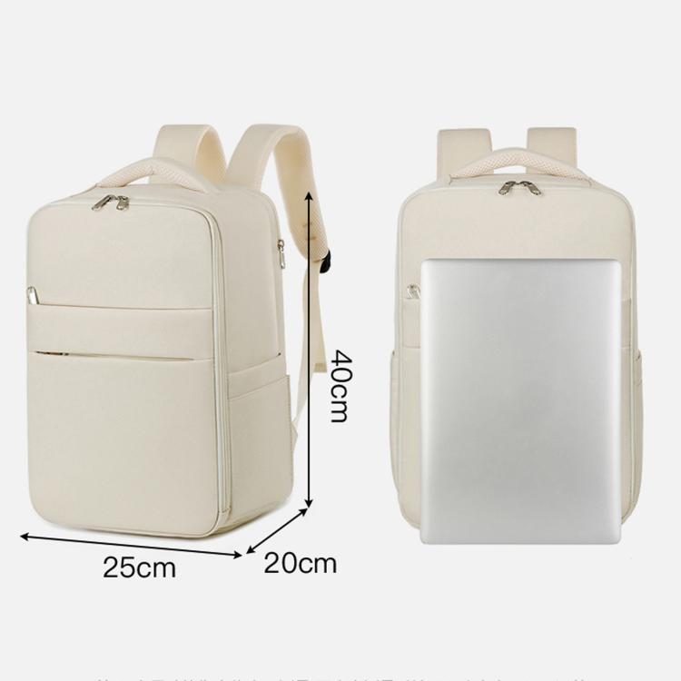Beige travel laptop backpack shown front and back with compact carry-on size