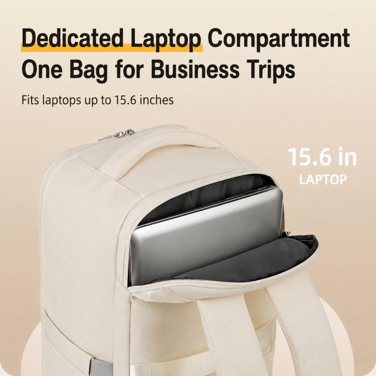 Light beige backpack with dedicated laptop compartment and padded interior sleeve