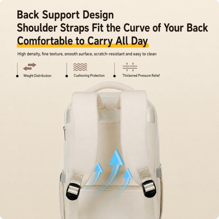 Light beige backpack featuring cushioned back panel and adjustable shoulder straps