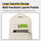 Beige travel laptop backpack with open front storage compartment and layered pockets