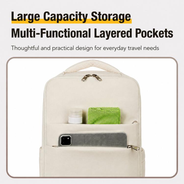 Beige travel laptop backpack with open front storage compartment and layered pockets