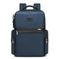 Blue laptop backpack with top handle, front zip pocket, and side zip compartments