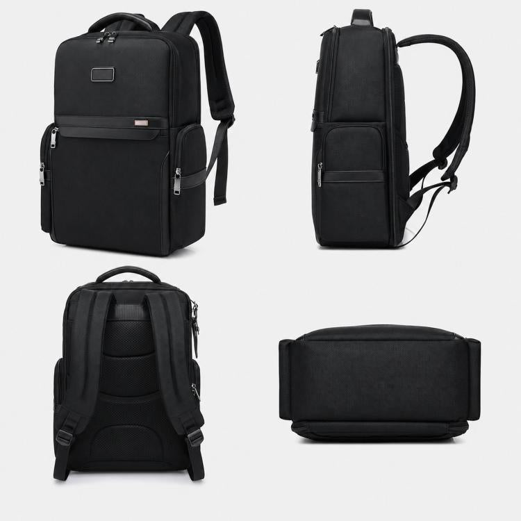 Black laptop backpack shown front, back, side, and top with dual zippers