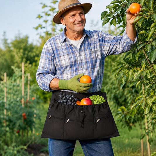 Black gardening apron bag with zipper pockets and adjustable waist belt