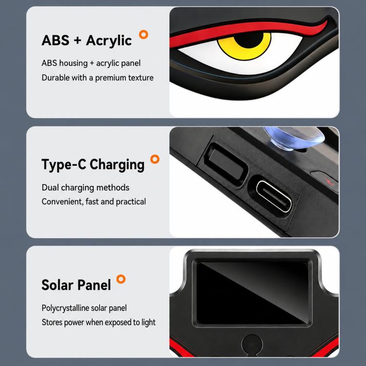 Solar car window warning light features: ABS housing, acrylic panel, charging port, solar panel