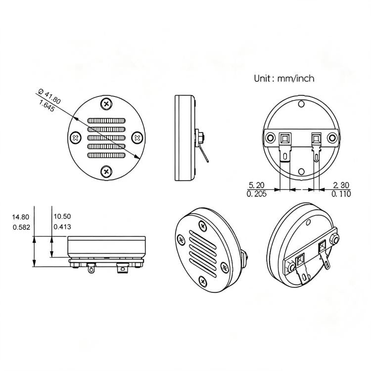 AMT-42 pneumatic car tweeter horn technical diagram with dimensions and brackets