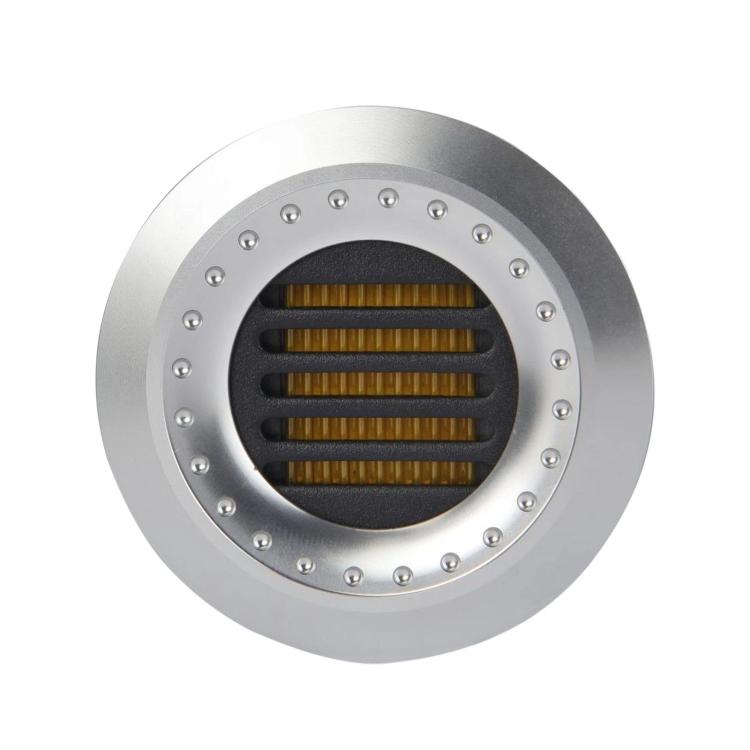 Silver car tweeter ribbon speaker with circular metal face and black grille vents