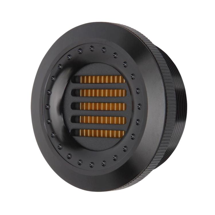 Black car tweeter ribbon speaker with circular metal housing and ribbed side mount