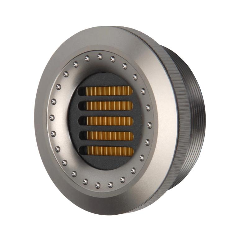 Silver grey car tweeter ribbon speaker with circular metal face and black grille vents