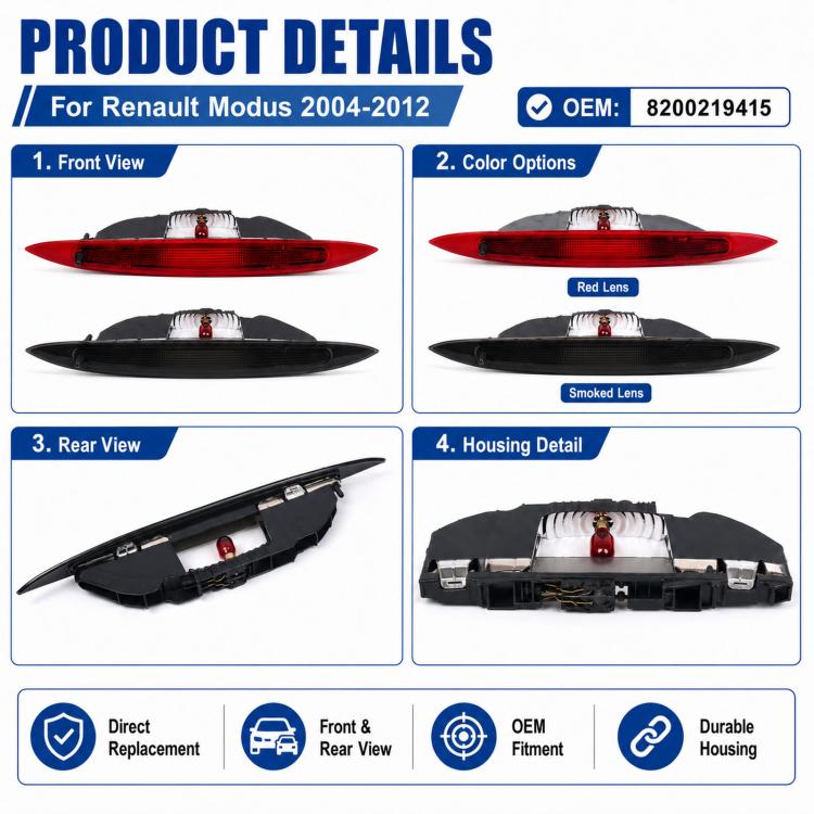 High-mount brake warning light housing with red bulb and lens, detail