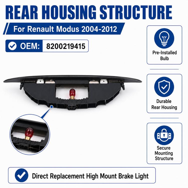 High-mount brake warning light rear housing with red bulb, open frame