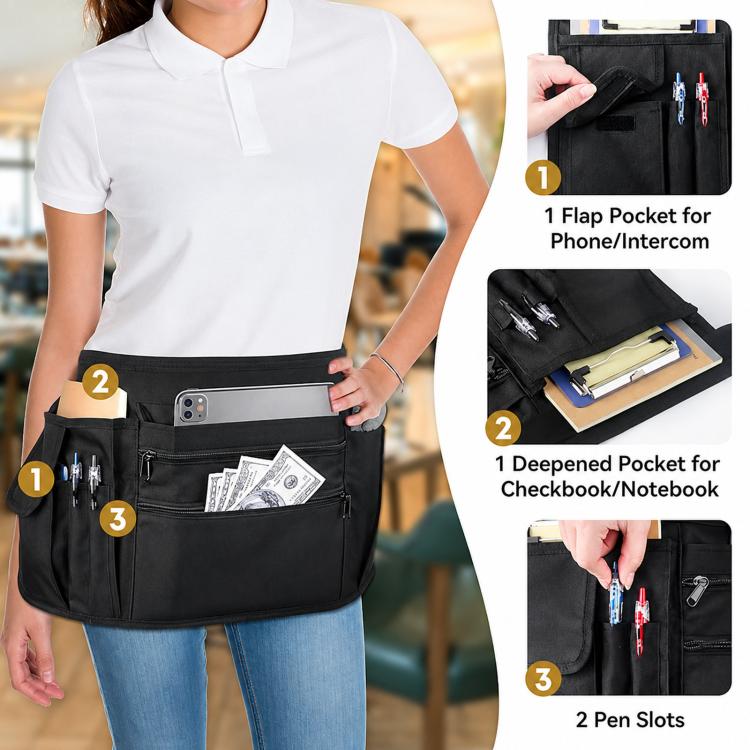 Black server apron with multiple front pockets, phone slot, and adjustable waist strap.