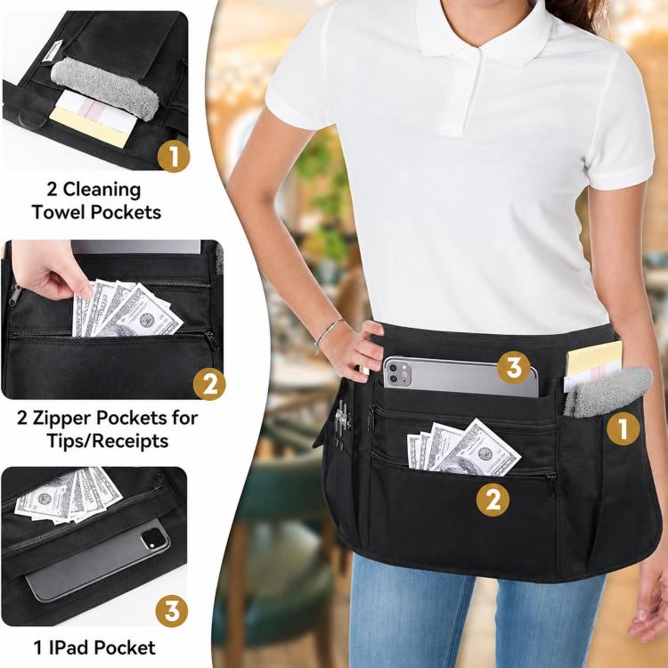 Black waist apron showing front pocket compartments and zipper openings for tips and notes.