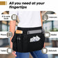 Black waist apron with storage pockets for phone, wallet, tablet, and dishcloth.