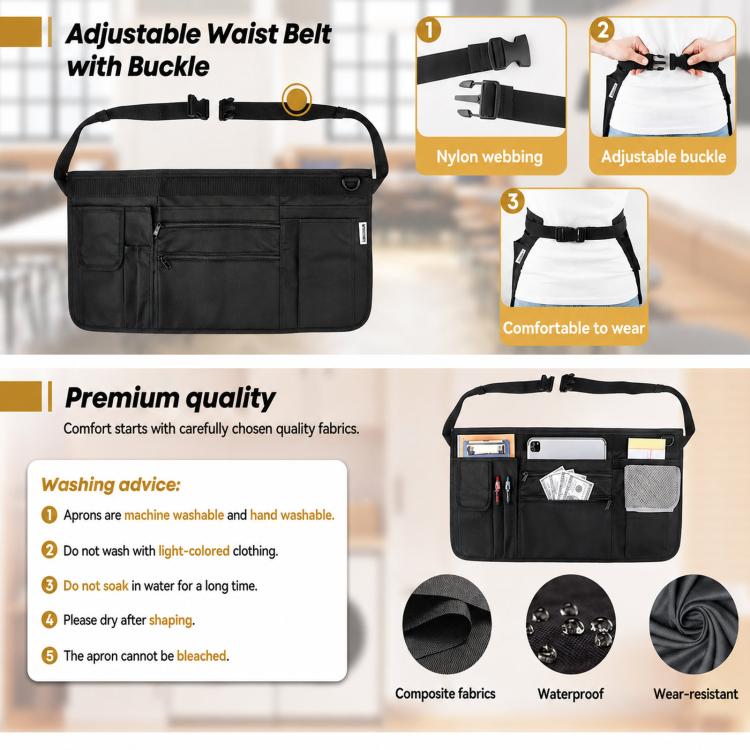 Black waist apron with adjustable buckle strap and multiple reinforced storage pockets.