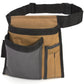 Black and tan single-side tool pouch with front pockets and adjustable waist strap.