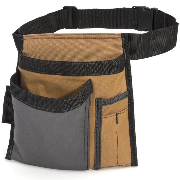 Black and tan single-side tool pouch with front pockets and adjustable waist strap.