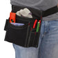 Black waist apron tool pouch with front pockets holding tools and fasteners.