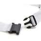 Adjustable buckle and strap hardware on a white waist tool pouch.
