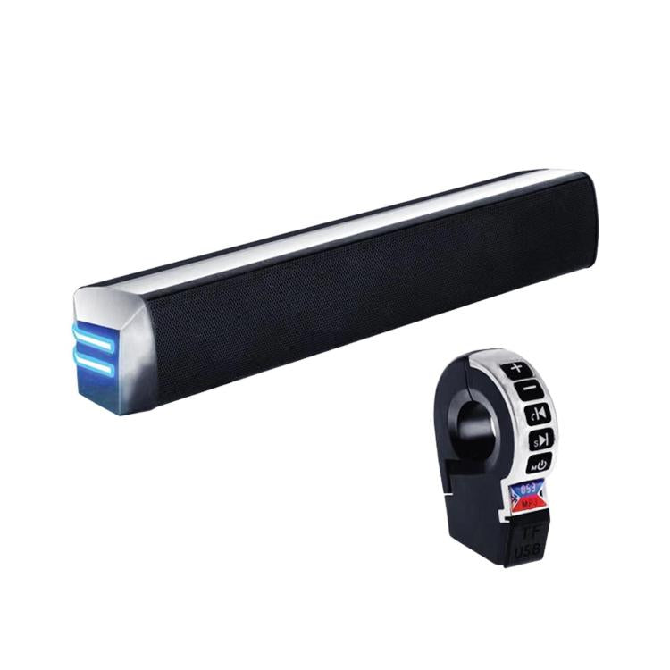 Long strip motorcycle speaker soundbar, black with blue light accents and textured grille