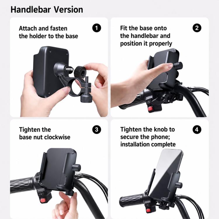 Handlebar phone mount with base clamp and adjustable knob for quick installation