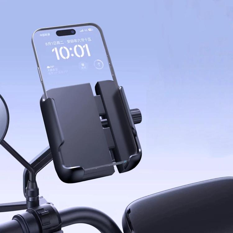Black phone holder mounted on handlebar with side adjustment dial and cradle