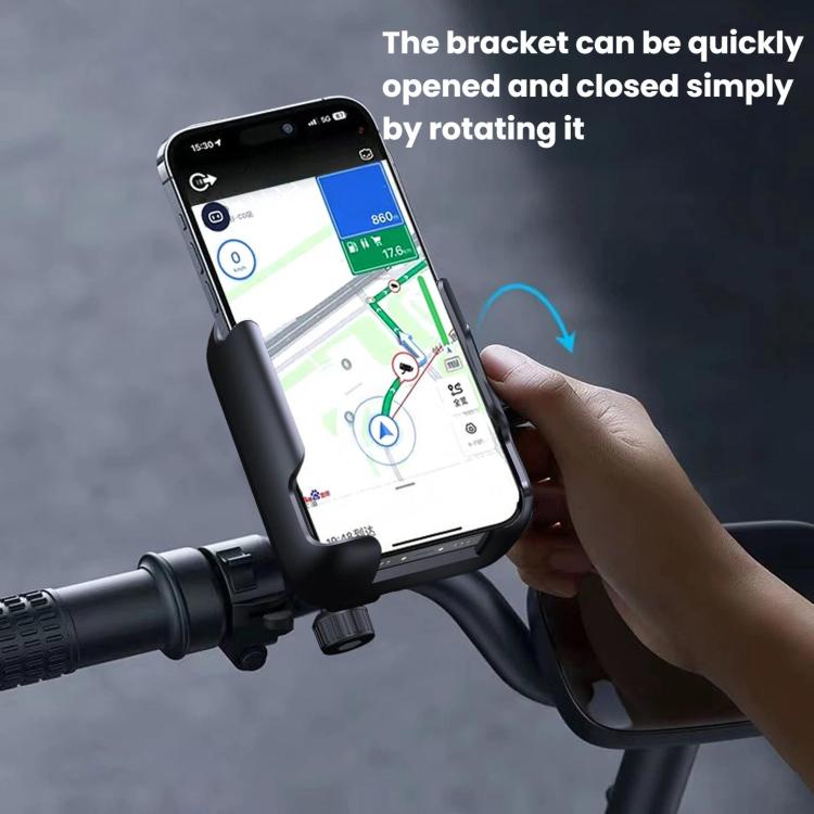 Handlebar phone mount holding a smartphone while rotating the bracket to open/close