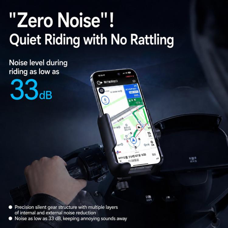 Motorcycle phone holder with mounted smartphone, designed to reduce rattling while riding