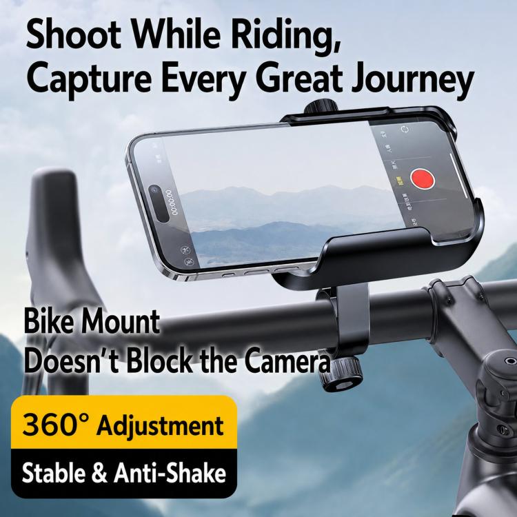 Motorcycle phone holder on handlebar with 360° adjustment for stable mounting